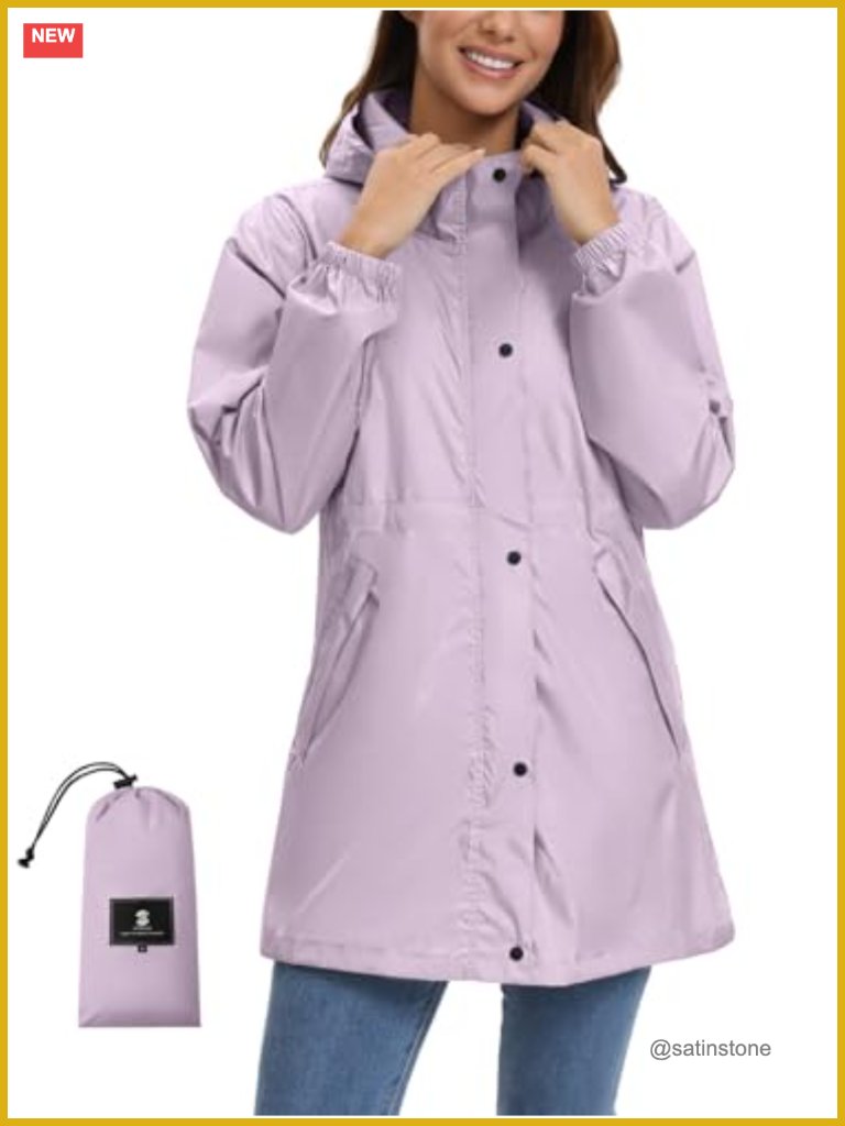 Lightweight Long Rain Jacket Packable Hooded Outdoor Trench Coats Waterproof